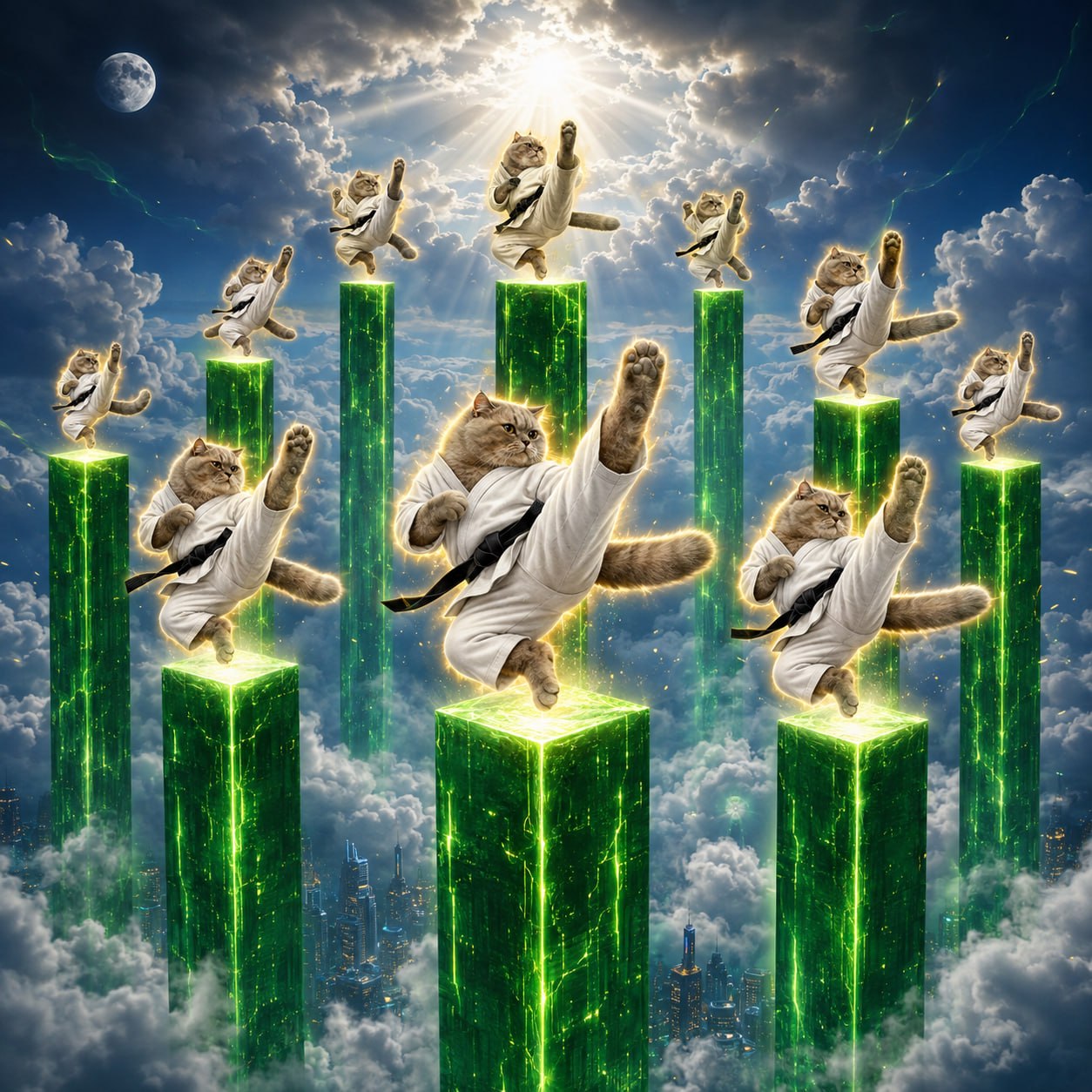 Karate cats performing kicks above glowing green pillars